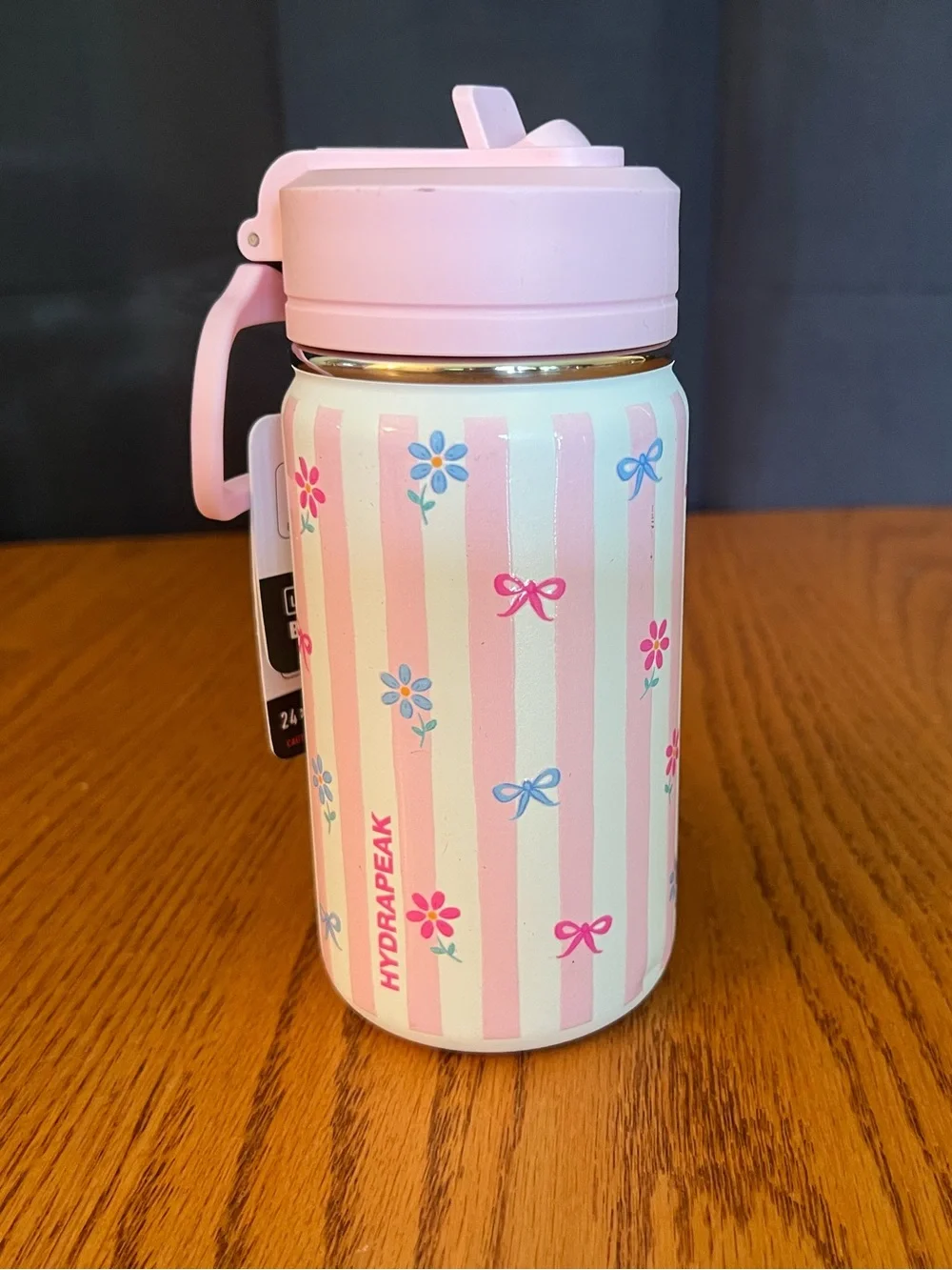 14 oz Hydrapeak White w/Pink Stripes, Daisies & Bows Water Bottle